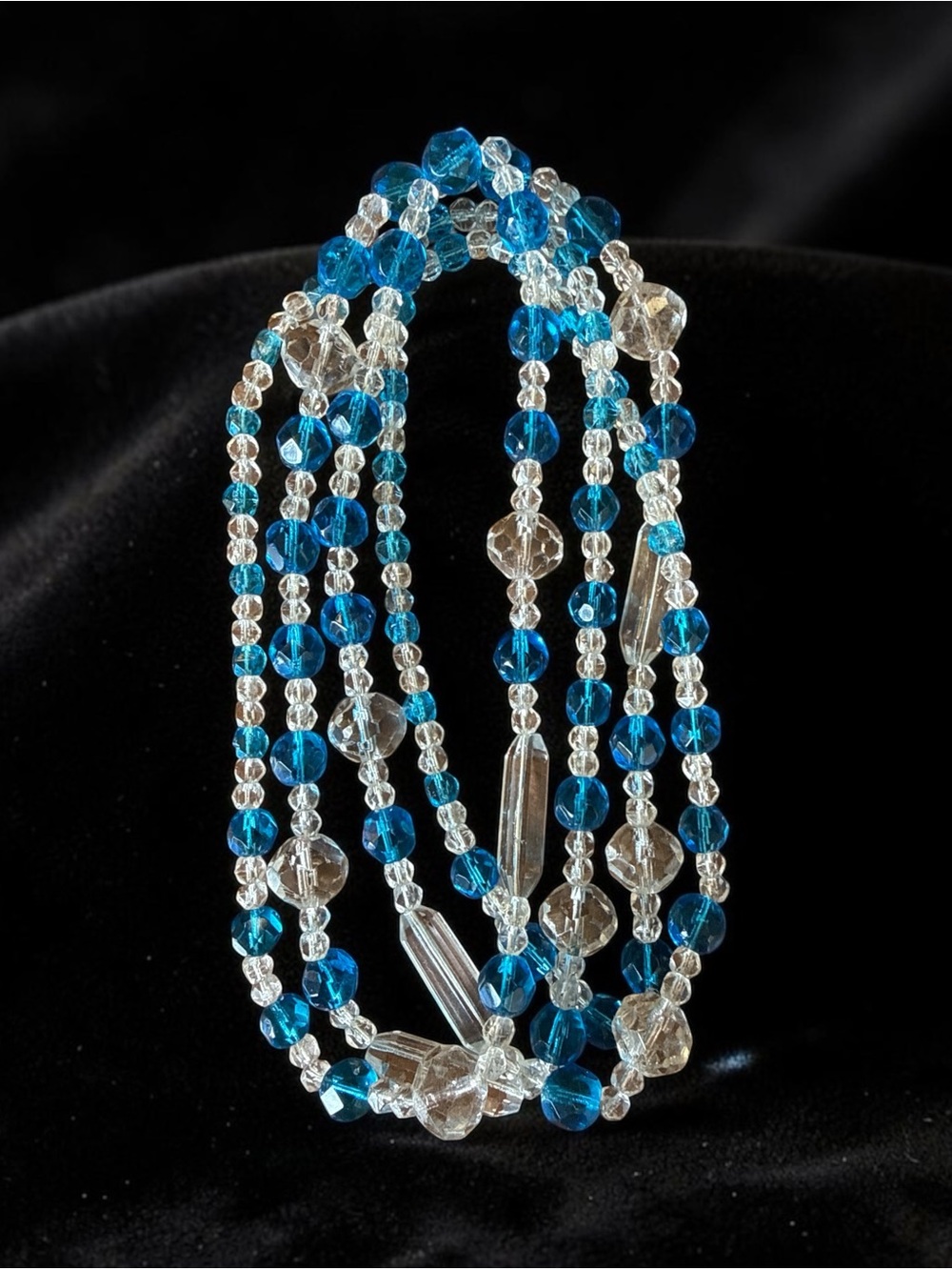 Vintage Blue & Clear Crystal Beaded Necklace - Art Deco Style
